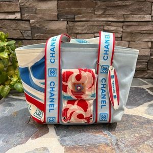 CHANEL canvas camellia surf beach tote bag logo CC